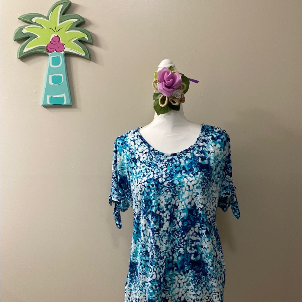 Goddess Blue and White Floral Blouse with Open Tied Arms